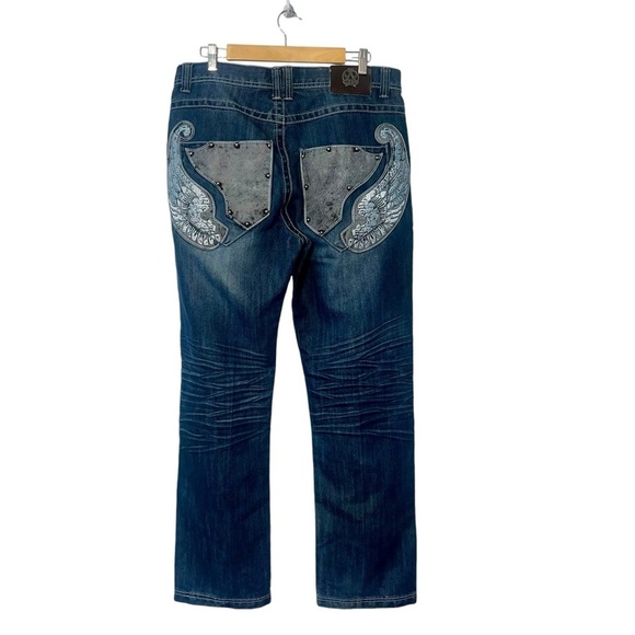 Ablanche Jeans Mens 36x32 Blue Denim Jeans Skater Y2K Style Embroidery Wings - Picture 3 of 16